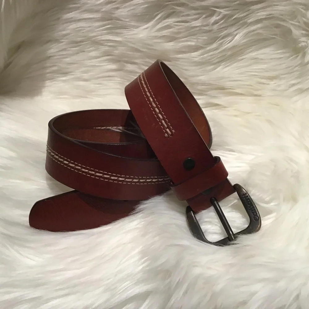 Carhartt Brown Cowhide Genuine Leather Belt, center topstitching, brass buckle